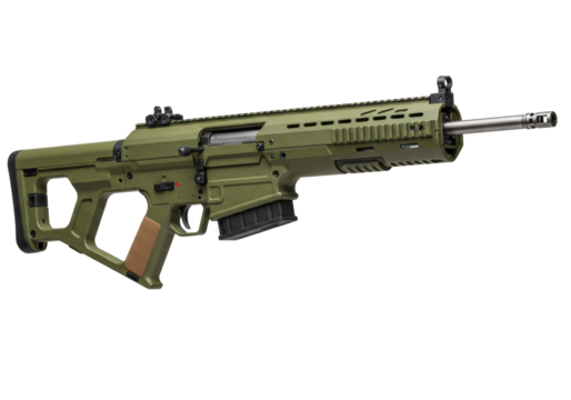 Isolated firearm rifle with olive drab green finish, sleek modern gun for hunting or military
