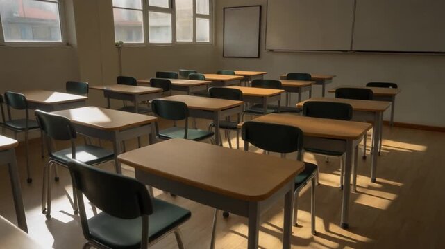 Sunlight and shadows move across empty classroom desks.