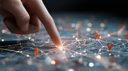 hand interacting with a digital map interface showing location pins and connections