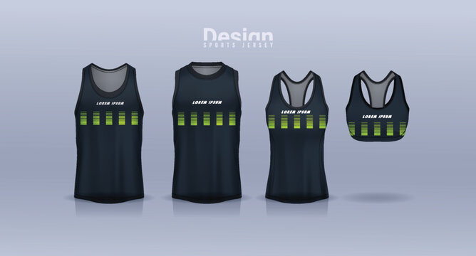 Set of black tank tops for men and women on gray background