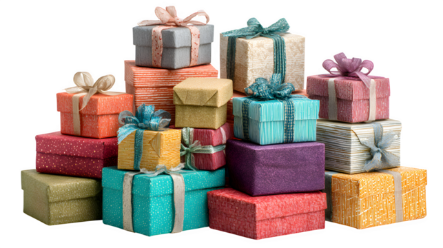 Christmas gift boxes in multiple colors and textures arranged in stack isolated on white background