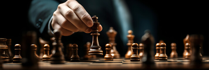 A close-up of a hand moving a chess piece on a wooden chessboard, symbolizing strategy and intelligence.
