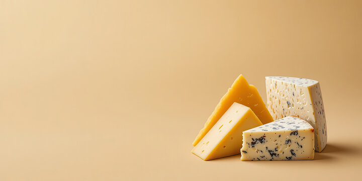 Assorted pieces of gourmet cheese on beige background, variety of hard and blue cheese with natural texture, minimal composition for food photography and healthy lifestyle design
