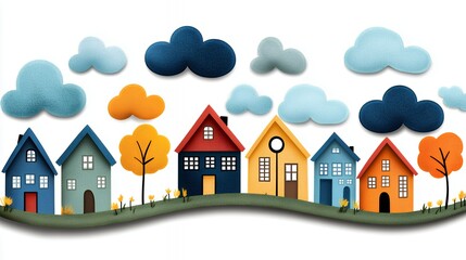 Charming Colorful Town Illustration with Fluffy Clouds and Autumnal Trees
