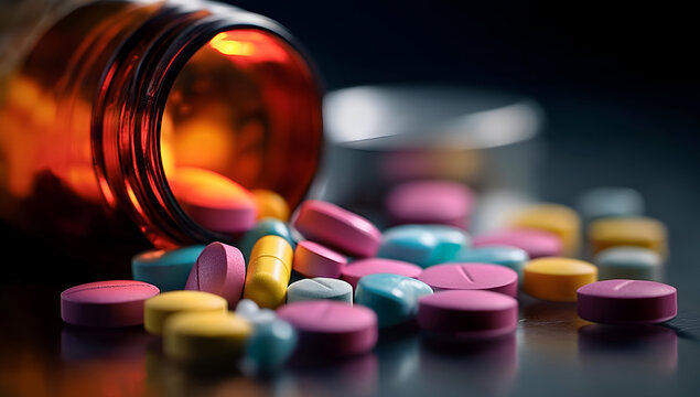 Colorful pills spilled from a bottle, showcasing various forms and sizes, symbolizing medication and healthcare.