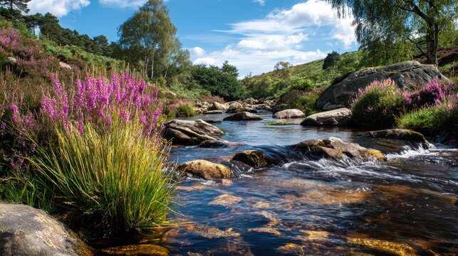 A low angle view of a sunny running river with heather plants nearby and rocks visible beneath the water - Powered by Adobe