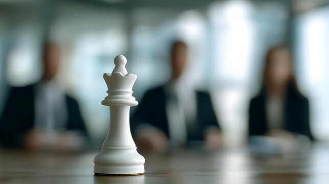A close-up of a white chess queen piece on a conference table, symbolizing strategy and decision-making in business.