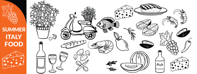 Summer Italy food print, hand drawn travel Mediterranean icon set Italian vintage vacation emblem. Traditional cuisine elements, Amalfi lemon silhouette wine glass bottle. Italy summer coastal big set