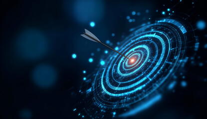A digital dart hitting the bullseye in a futuristic, glowing target, symbolizing precision and success in technology.
