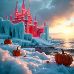 Winter castle on ice with pumpkins by the sea