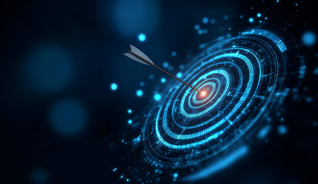 A digital dart hitting the bullseye in a futuristic, glowing target, symbolizing precision and success in technology.