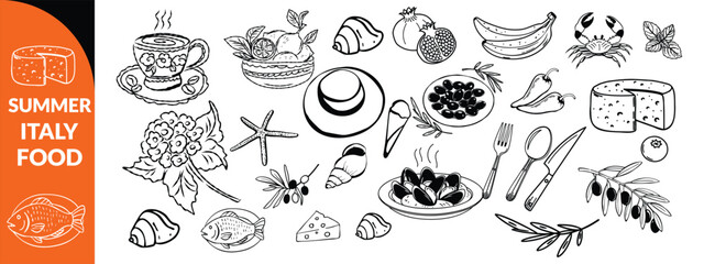 Summer Italy food print, hand drawn travel Mediterranean icon set Italian vintage vacation emblem. Traditional cuisine elements, Amalfi lemon silhouette wine glass bottle. Italy summer coastal big set