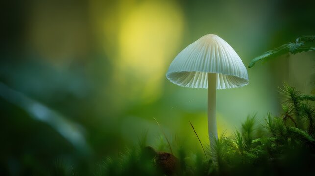 A lone long stemmed white mushroom emerges from the greenery set against a soft yellow green backdrop with a white spotlight
