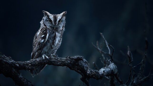 A lone European scops owl sits on a twisted branch in a dim sky its feathers camouflaged with the bark