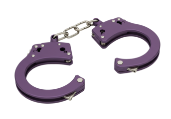 Isolated purple handcuffs lie on a surface looking unused or novel and ready for use