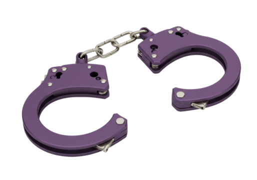 Isolated purple handcuffs lie on a surface looking unused or novel and ready for use