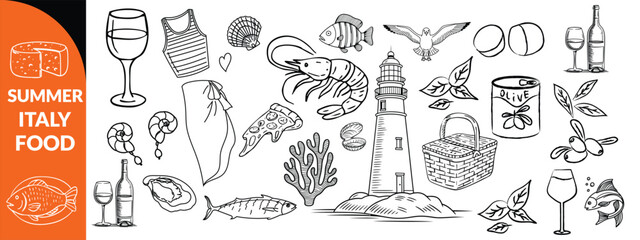 Summer Italy food print, hand drawn travel Mediterranean icon set Italian vintage vacation emblem. Traditional cuisine elements, Amalfi lemon silhouette wine glass bottle. Italy summer coastal big set