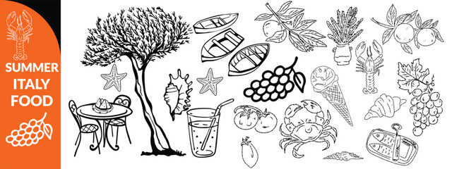 Summer Italy food print, hand drawn travel Mediterranean icon set Italian vintage vacation emblem. Traditional cuisine elements, Amalfi lemon silhouette wine glass bottle. Italy summer coastal big set