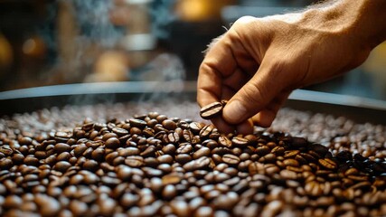 Artisanal coffee selection concept showing a hand inspecting roasted beans outdoors, highlighting craftsmanship, quality production, sustainability, and the natural environment during harvest season