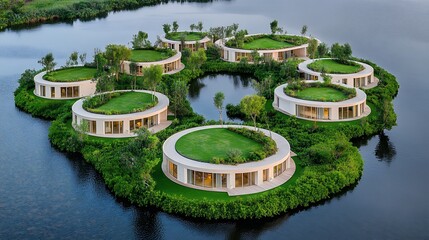 Circular Eco Resort on a Calm Lake Aerial View