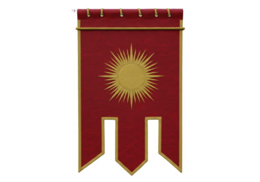 Isolated historic banner featuring a golden sunburst emblem on a red background for print - Powered by Adobe