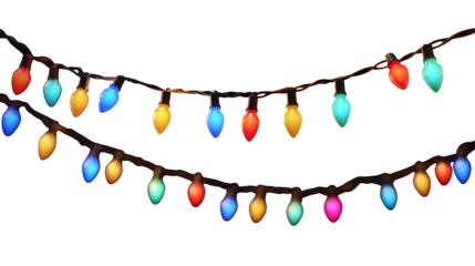 Christmas string lights with colorful glowing bulbs isolated on white background