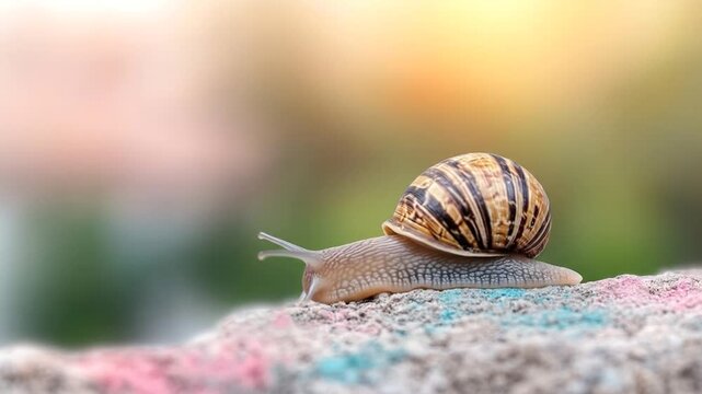 Snail with striped shell crawling on textured surface outdoors with sunlight