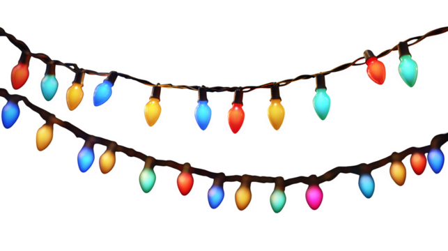 Christmas string lights with colorful glowing bulbs isolated on white background