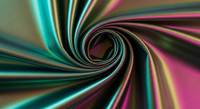 Close-up of swirling fabric in green, gold, and pink hues, creating a hypnotic spiral effect, representing motion, fluidity and abstraction