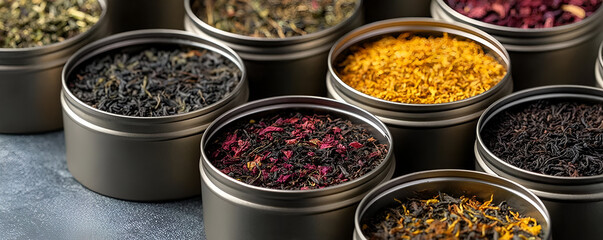 Fototapeta premium Assorted spices in metal tins, showcasing vibrant colors and textures for culinary inspiration and creativity.