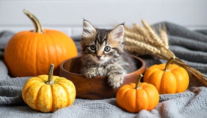 Adorable Kitten Surrounded by Autumn Harvest Pumpkins and Wheat.