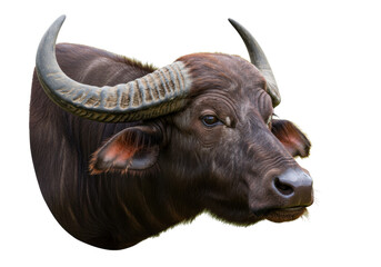 Isolated animal portrait of a massive brown water buffalo with curved textured horns