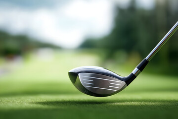 A close-up of a golf club on the green, poised for the perfect swing under a cloudy sky.