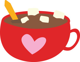 Cozy flat vector illustration of a red mug filled with rich hot chocolate and marshmallow cubes, a small spoon resting inside, and a pink heart motif on the cup. winter drink icon