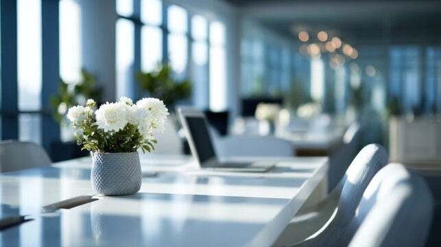 Sleek coworking space with floral arrangement and laptop setup on table
