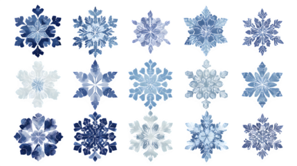 Blue snowflake pattern collection in soft icy shades isolated on white background
