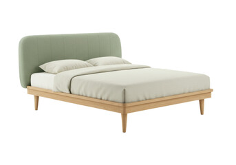 Isolated minimalist bed with soft green headboard, two pillows, and light beige bedding