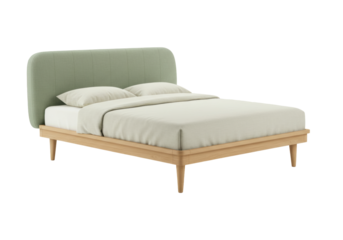 Isolated minimalist bed with soft green headboard, two pillows, and light beige bedding