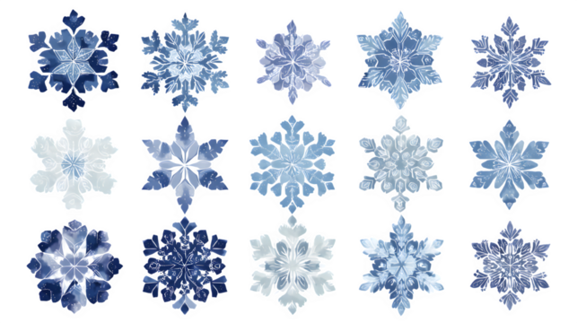Blue snowflake pattern collection in soft icy shades isolated on white background