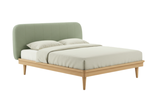 Isolated minimalist bed with soft green headboard, two pillows, and light beige bedding