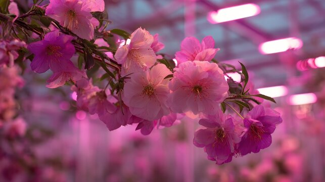 Detailed view of pink blooms in a greenhouse illuminated by synthetic pink light