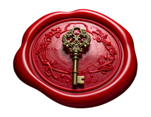 Ornate bronze key on red wax seal with swirling botanical design, black background