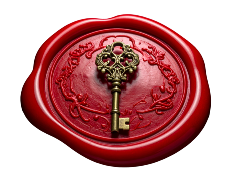 Ornate bronze key on red wax seal with swirling botanical design, black background