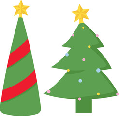set of Christmas trees. one tall cone with red ribbon stripes, one classic fir with pastel ornaments both topped with gold stars. Clean flat vector, isolated on white.
