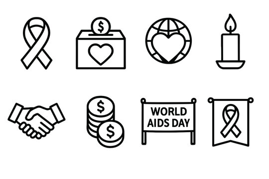AIDS Awareness Icons. World AIDS Day Fundraising Event outline icon set: red ribbon, donation box, heart, globe, candlelight, handshake, coins, awareness banner.