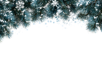 Border of pine branches with snowflakes along the edges creating a festive winter frame isolated on white background
