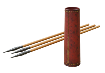 Isolated spears resting against quiver, wooden shaft, forged metal spearheads, antiquity