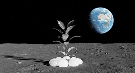 A plant growing on the moon with earth in the background, symbolizing life