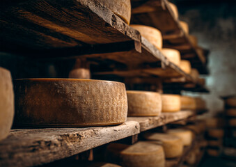 Cheese production with large rounds aging on wooden shelves. Traditional, artisan process captured in a realistic, rustic, Large cheese rounds aging on wooden shelves in an dairy.