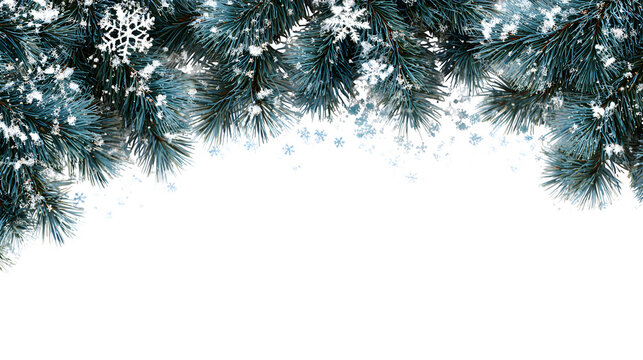 Border of pine branches with snowflakes along the edges creating a festive winter frame isolated on white background